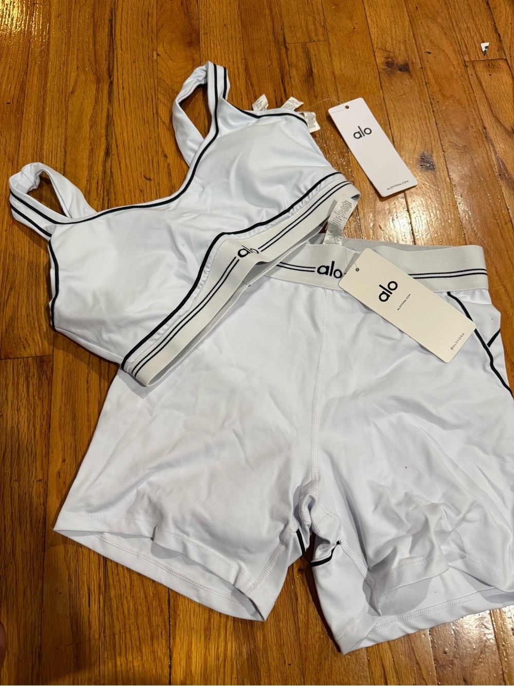 ALO Yoga White Seamless Sports Bra & Shorts with Black Trim